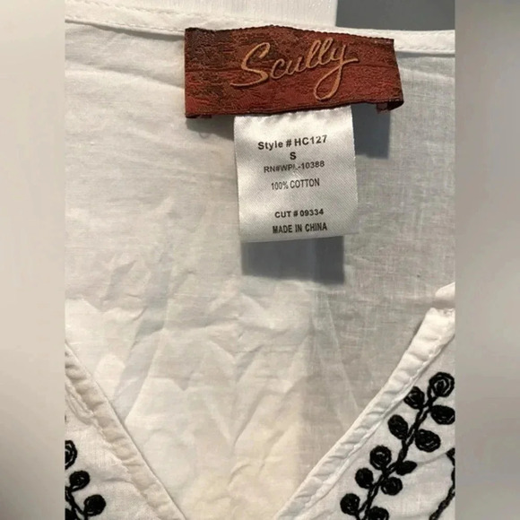 Scully Women’s Boho Western Embroidered Cotton Ruffle‎ Blouse White Black S EUC - Picture 4 of 13